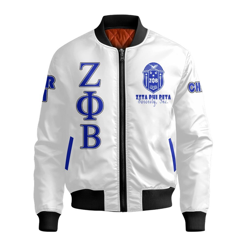 Ireishprint Zeta Phi Beta Custom Chapter Bomber Jacket, Personalized White Zeta Girl Jacket Zeta Phi Beta 1920 Sorority Bomber Jacket