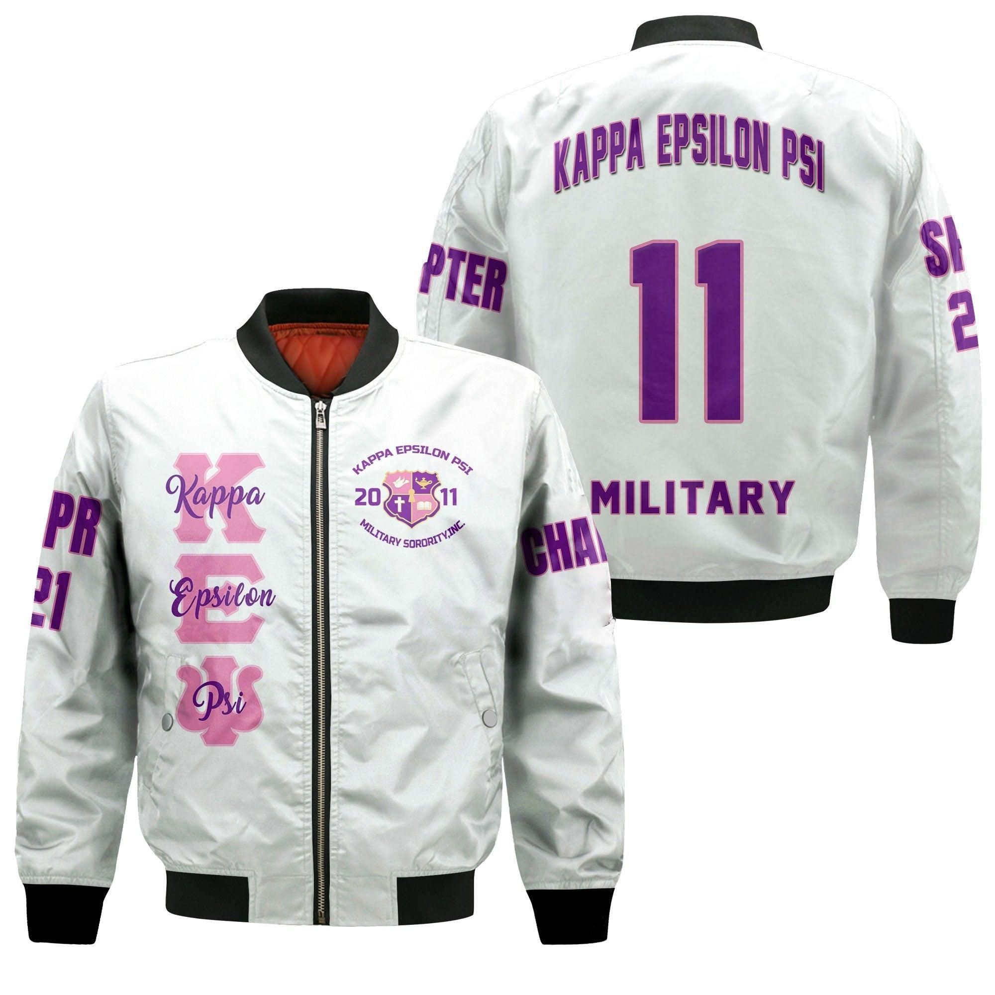 (Custom) Wonder Print Shop Jacket - Kappa Epsilon Psi (White) Sleeve Zip Bomber Jacket RLT8