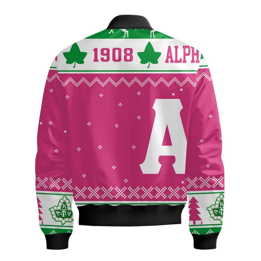 Ireishprint A.K.A Ceramic Ornament, Pink Duo Apple Green Xmas Inspired Pattern 1908 Sorority Ornament Bomber Jacket
