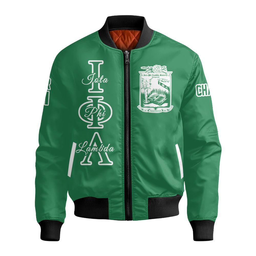 Ireishprint Iota Phi Lambda Custom Chapter Varsity Jacket, Personalized Emerald Green Varsity Jacket Iota Phi Lambda Sorority Bomber Jacket