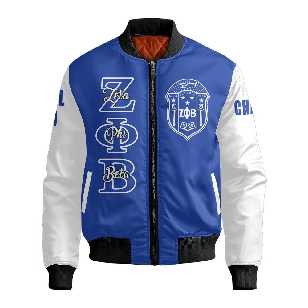 Ireishprint Zeta Phi Beta Custom Chapter Shirt, Personalized Blue Shirt White Sleeve Z Phi B 1920 Sorority Bomber Jacket