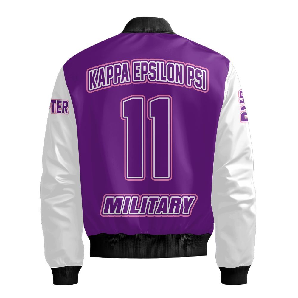 Ireishprint Kappa Epsilon Psi Military Custom Chapter Varsity Jacket, Personalized Purple Mix White Kappa Epsilon Psi Military Sorority Bomber Jacket