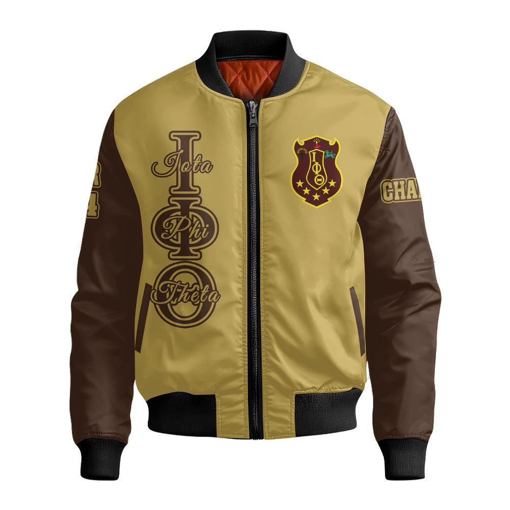 Ireishprint Iota Phi Theta Custom Chapter Varsity Jacket, Personalized Charcoal Brown Sleeve Gilded Gold Jacket Iota Phi Theta Fraternity Bomber Jacket