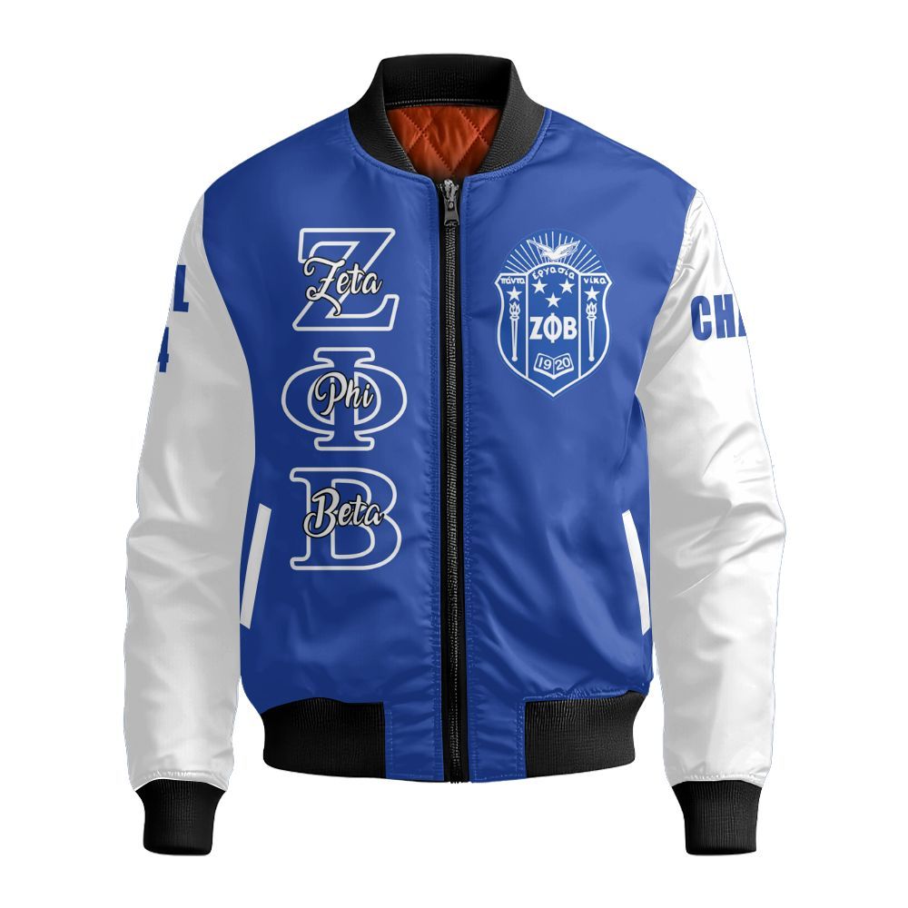 Ireishprint Zeta Phi Beta Custom Chapter Off Shoulder Sweatshirt, Personalized Blue Sweatshirt White Sleeve Z Phi B 1920 Sorority Bomber Jacket