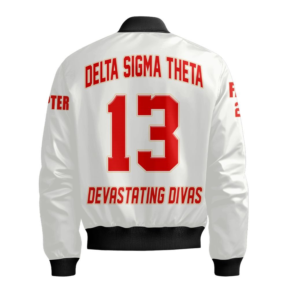 Ireishprint Delta Sigma Theta Custom Chapter Varsity Jacket, White Simple Style Delta Sigma Theta Sorority Bomber Jacket