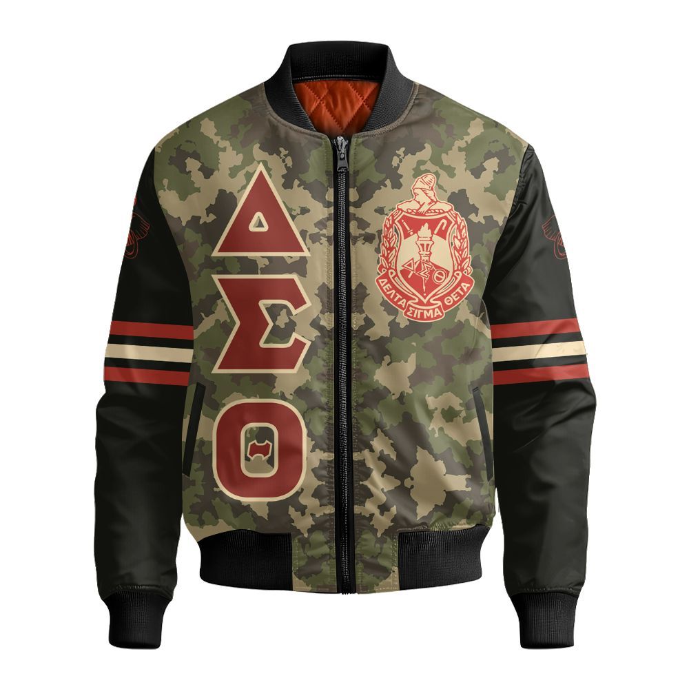 Ireishprint Delta Sigma Theta Off Shoulder Sweatshirt, Camo Pixel Pattern Delta Sigma Theta Sorority Bomber Jacket