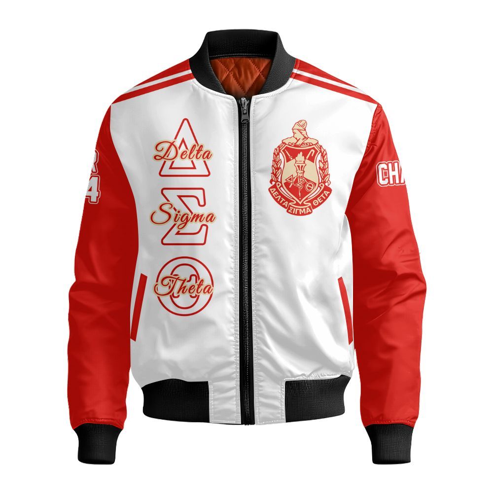 Ireishprint Delta Sigma Theta Custom Chapter Bomber Jacket, Personalized Sport Line White Mix Crimson Sleeve Delta Sigma Theta Sorority Bomber Jacket