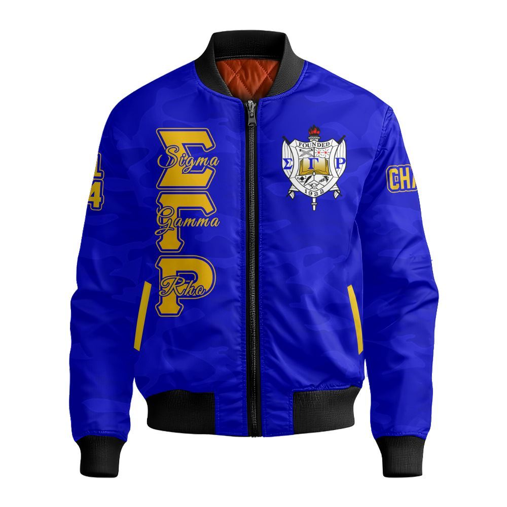 Ireishprint Sigma Gamma Rho Custom Chapter Varsity Jacket, Personalized Camoflage Style Royal Blue Jacket 1922 Sorority Bomber Jacket