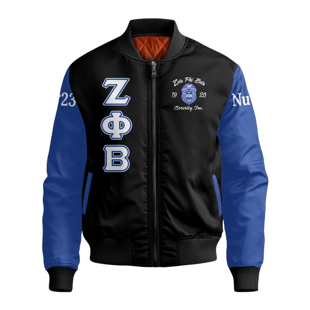 Ireishprint Zeta Phi Beta Custom Chapter Crop Shirt, Z-Phi-B Black Mix Blue Sleeves 1920 Sorority Bomber Jacket