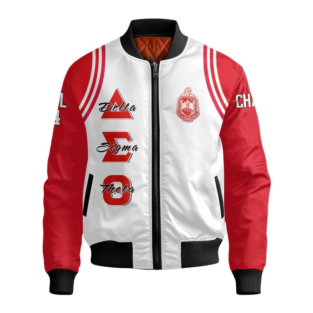 Ireishprint Delta Sigma Theta Custom Chapter Varsity Jacket, Delta Sigma Theta Crimson Curved Shoulder White Jacket Style 1913 Sorority Bomber Jacket