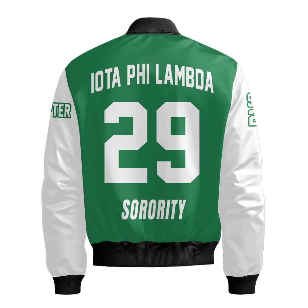 Ireishprint Iota Phi Lambda Custom Chapter Shirt, Personalized Emerald Green Mix White Shirt Iota Phi Lambda Since 1929 Sorority Bomber Jacket