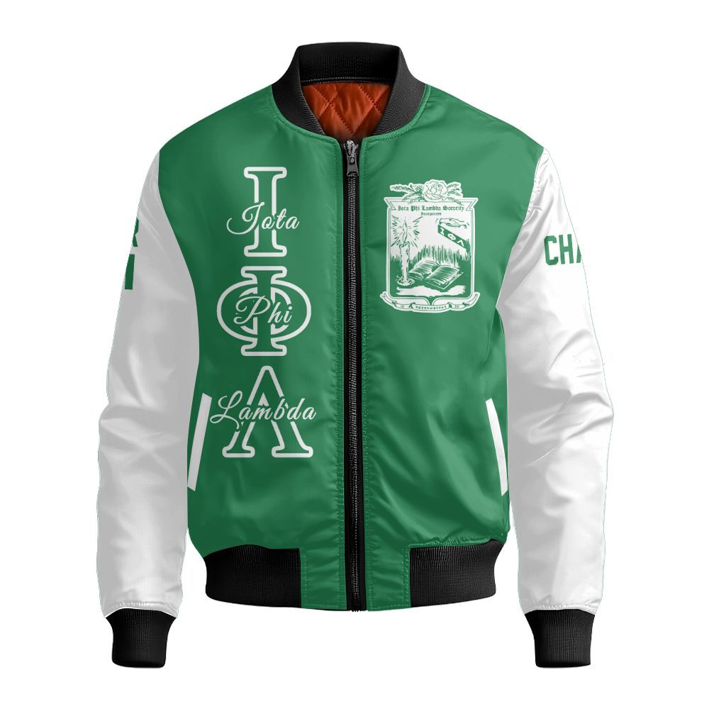 Ireishprint Iota Phi Lambda Custom Chapter Shirt, Personalized Emerald Green Mix White Shirt Iota Phi Lambda Sorority Bomber Jacket
