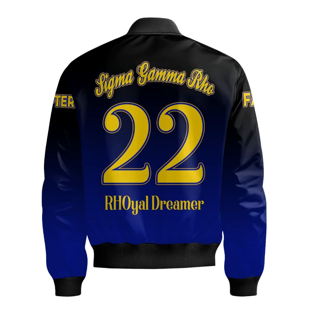 Ireishprint Sigma Gamma Rho Custom Line Crossing Jacket, Blue Duo Gold Gradient Style 1922 Sorority Bomber Jacket