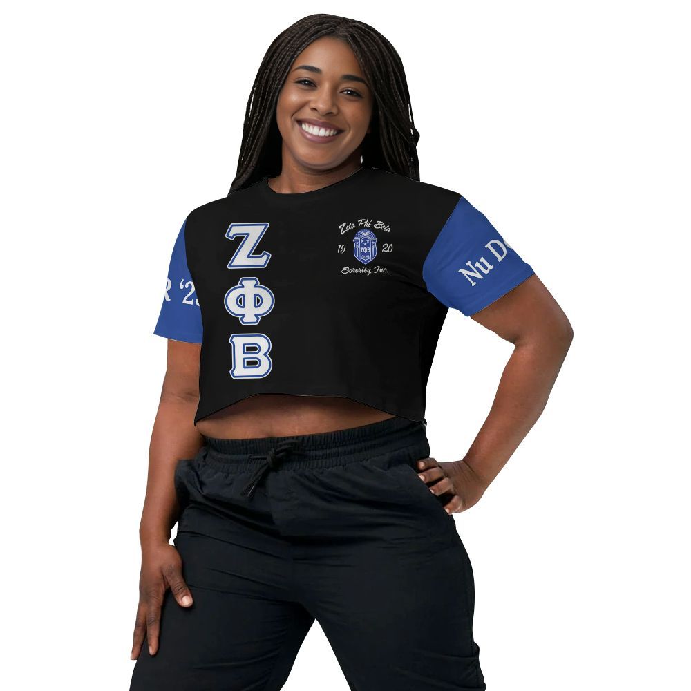 Ireishprint Zeta Phi Beta Custom Chapter Crop Shirt, Z-Phi-B Black Mix Blue Sleeves 1920 Sorority Crop Top