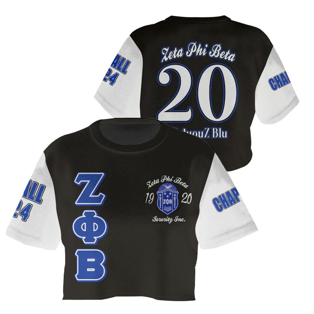 Ireishprint Zeta Phi Beta Custom Chapter Crop Shirt, Personalized Z Phi B Black Blue Sleeve 1920 Sorority Crop Top