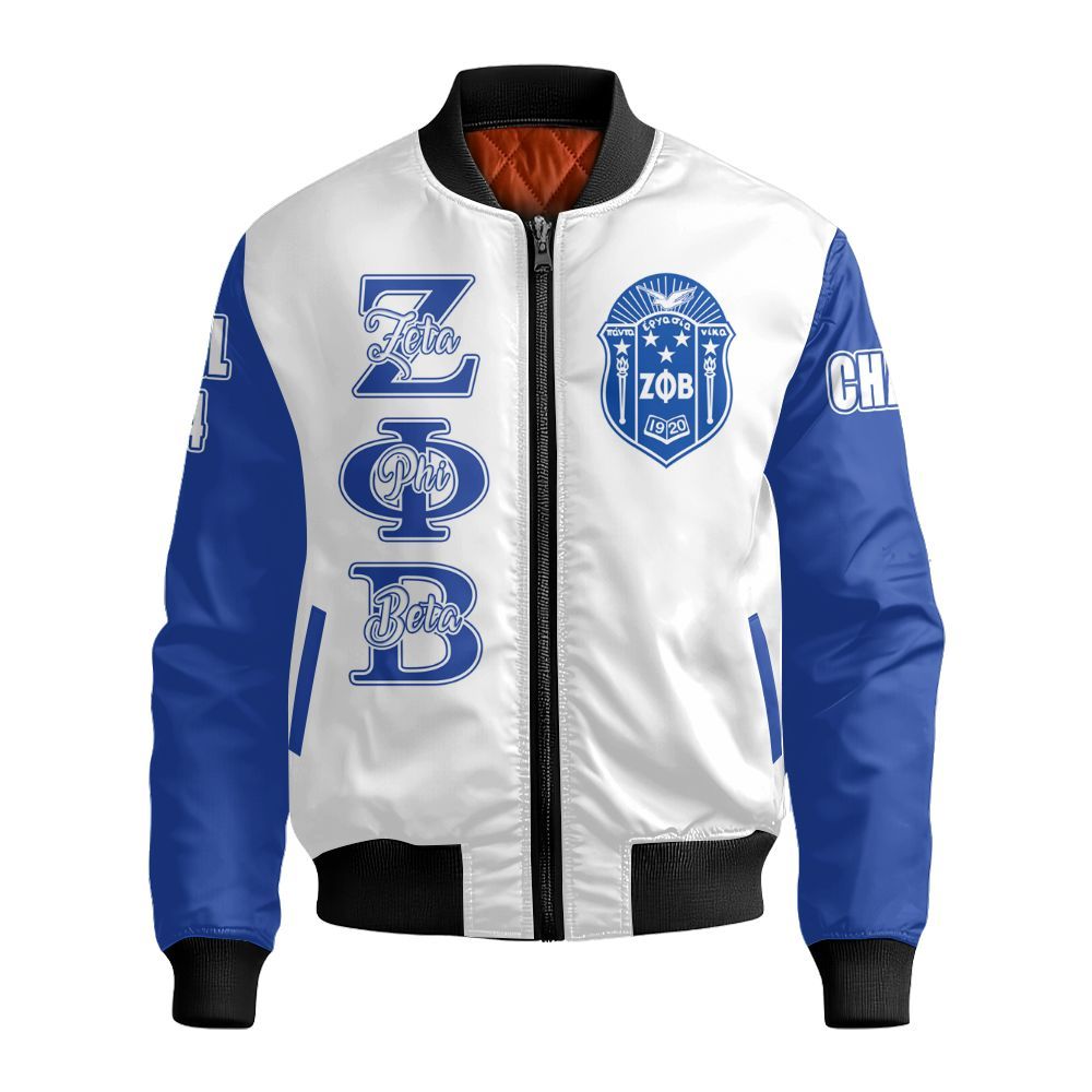 Ireishprint Zeta Phi Beta Custom Chapter Off Shoulder Sweatshirt, Personalized White Sweatshirt Blue Sleeve Z Phi B 1920 Sorority Bomber Jacket