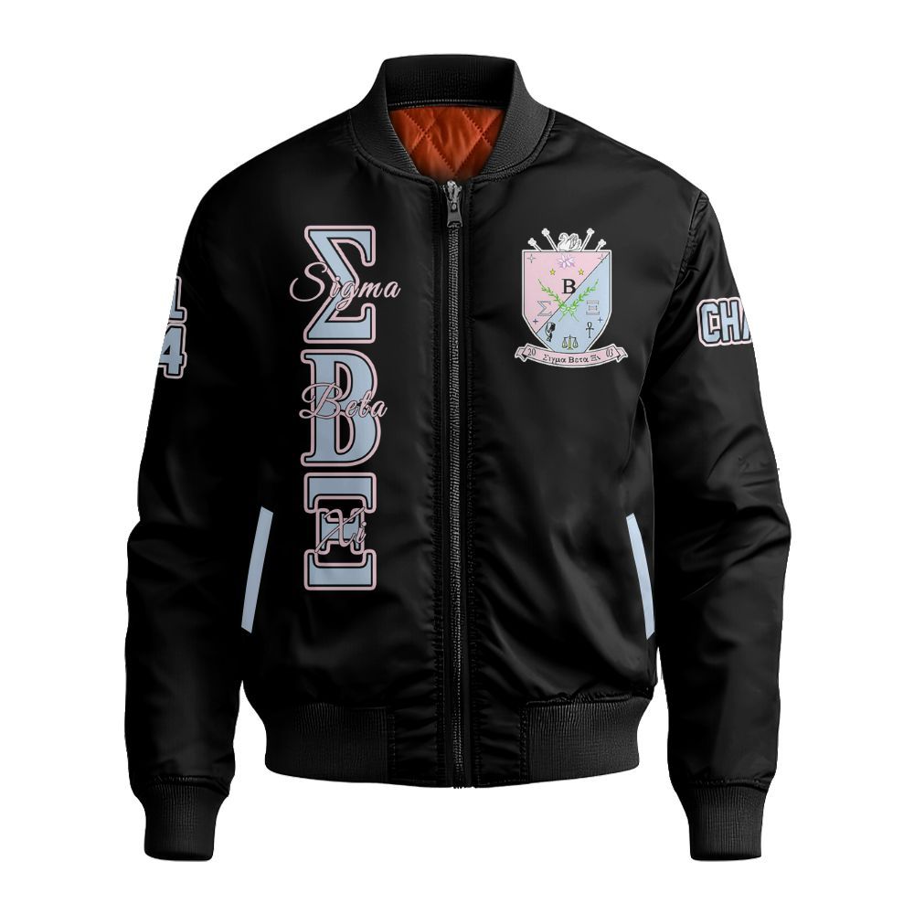 Ireishprint Sigma Beta Xi Custom Line Crossing Jacket, Personalized White Sigma Beta Xi Black Line Jacket Sorority Bomber Jacket