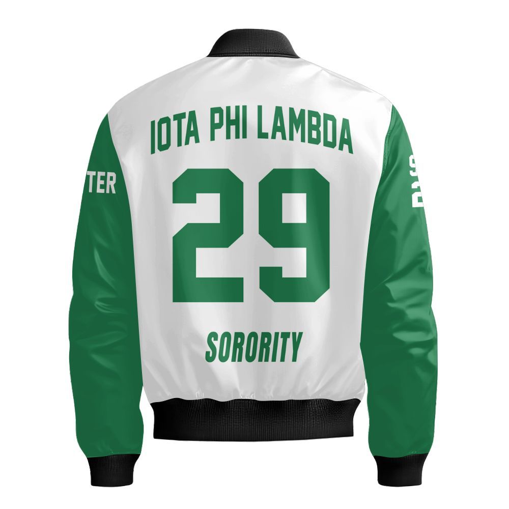 Ireishprint Iota Phi Lambda Custom Chapter Varsity Jacket, Personalized White Mix Emerald Green Iota Phi Lambda Since 1929 Sorority Bomber Jacket
