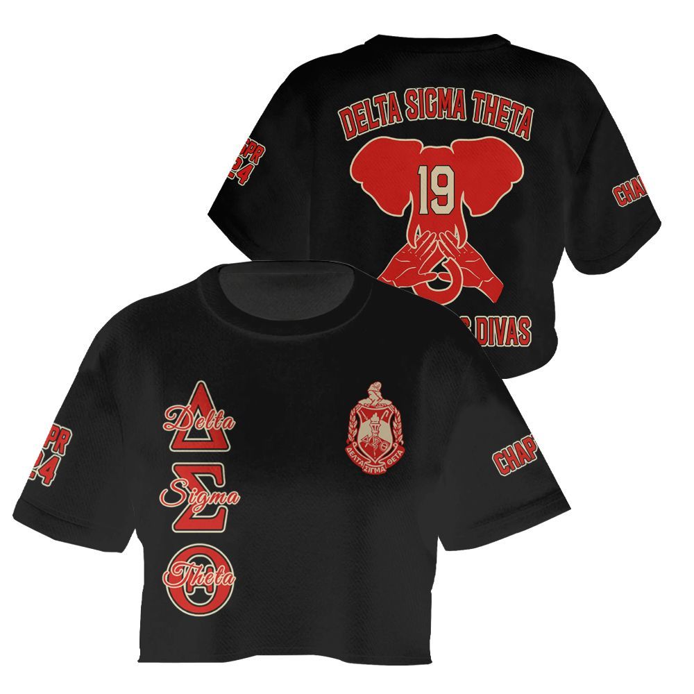 Ireishprint Delta Sigma Theta Custom Chapter Crop Shirt, Personalized Elephant Hand Sign Black Delta Sigma Theta Sorority Crop Top 3D