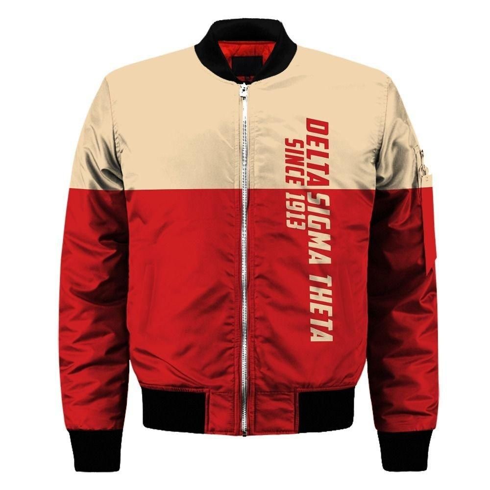Delta Sigma Theta Half Beige Half Red Sleeve Zip Bomber Jacket