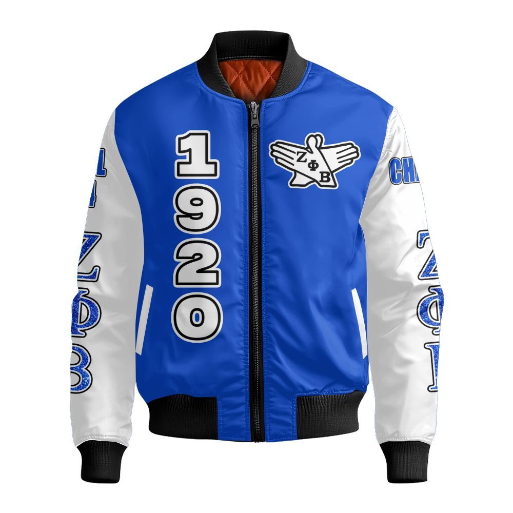 Ireishprint Zeta Phi Beta Custom Chapter Knitted Cardigan, Personalized Z Phi B Dove Blue Gilter Style White Sleeve Zeta Phi Beta Sorority Bomber Jacket