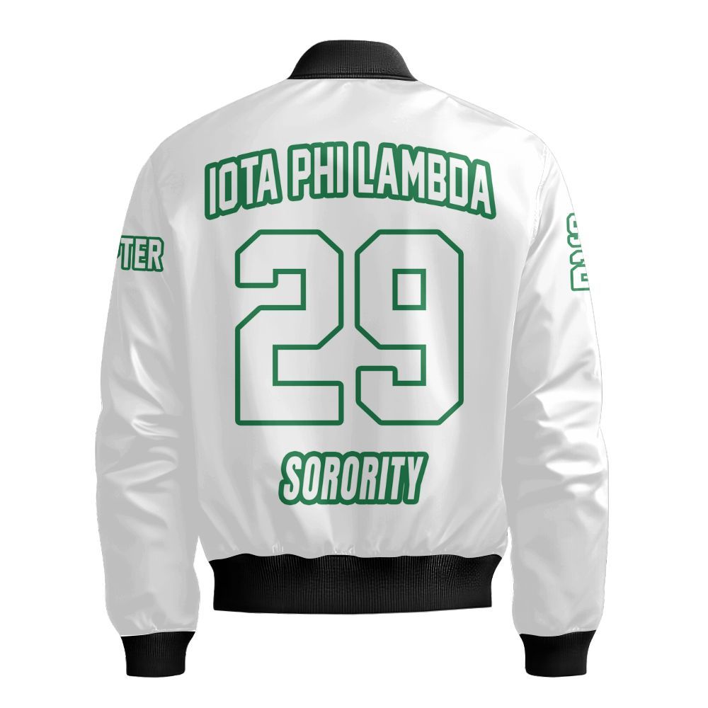 Ireishprint Iota Phi Lambda Custom Chapter Varsity Jacket, Personalized White Emerald Green Varsity Jacket Iota Phi Lambda Sorority Bomber Jacket