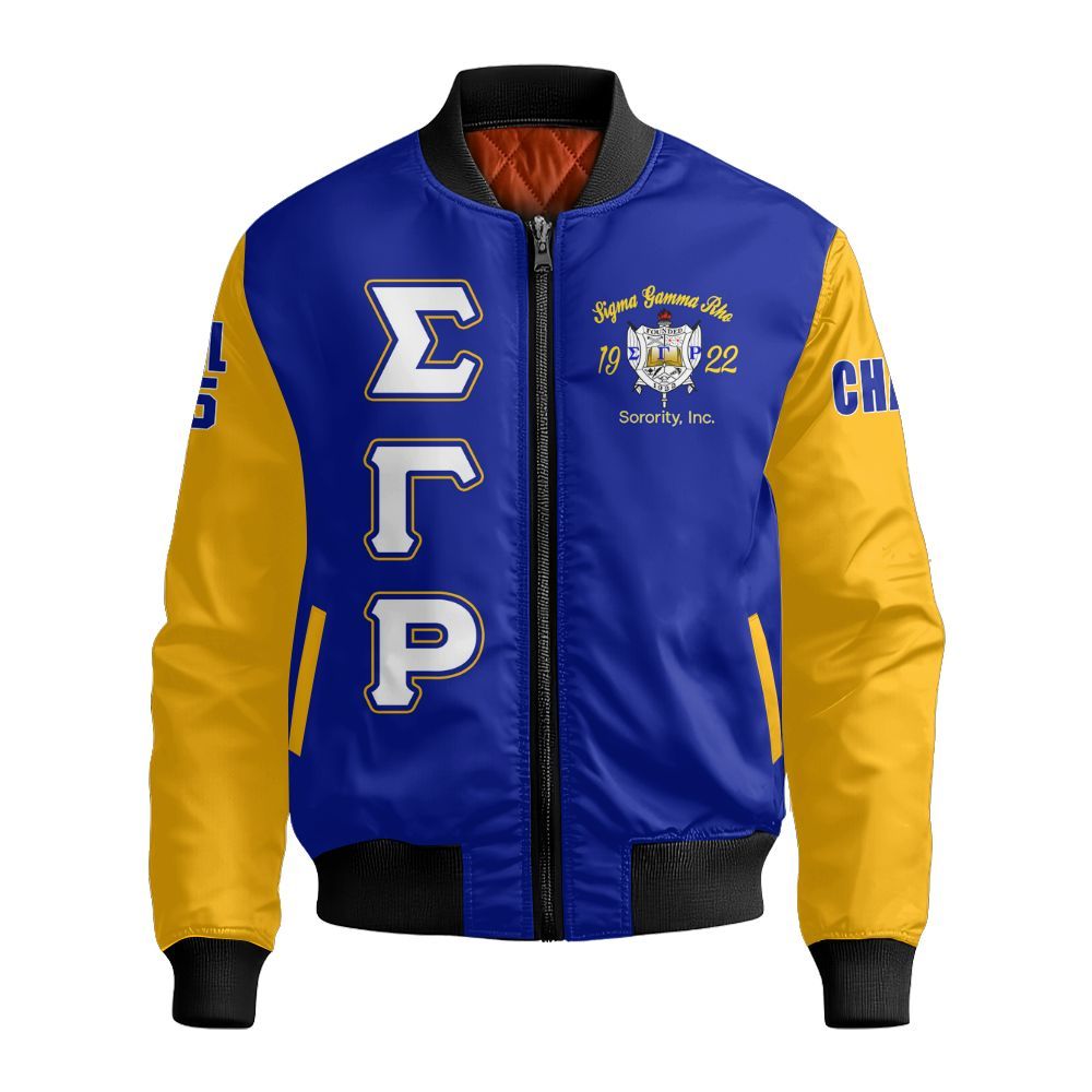 Ireishprint Sigma Gamma Rho Custom Chapter Shirt, RHoyal Blue Mix Gold Style 1922 Sorority Bomber Jacket