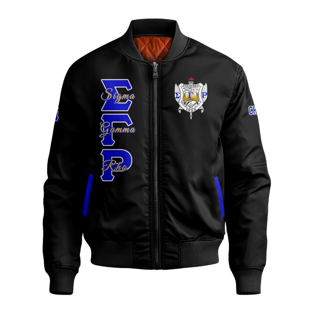 Ireishprint Sigma Gamma Rho Custom Chapter Crop Shirt, Personalized Black Royal Blue Sigma Gamma Rho Sorority Bomber Jacket