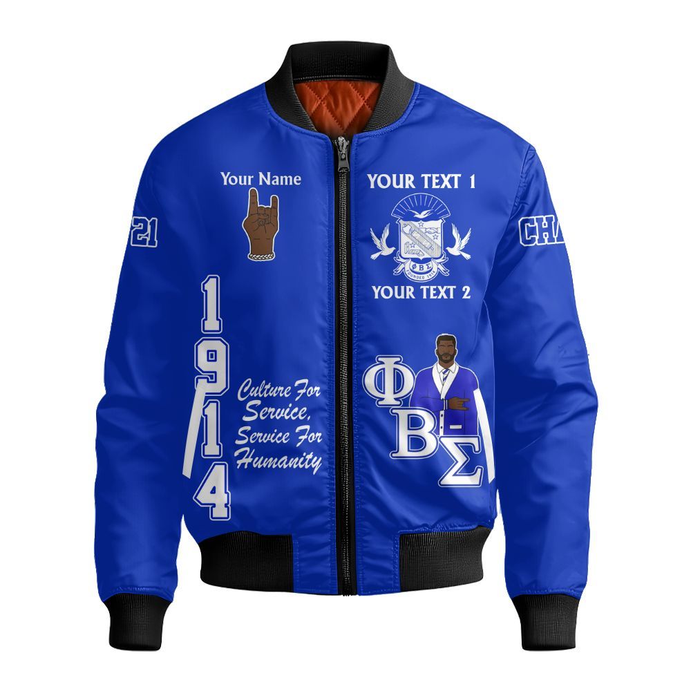 Ireishprint Phi Beta Sigma Custom Full Line Bomber Jacket, Black Shirt Crest Highlight 1914 Fraternity Bomber Jacket