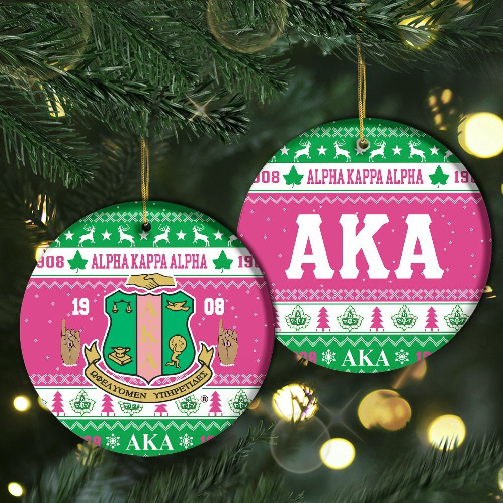 Ireishprint A.K.A Ceramic Ornament, Pink Duo Apple Green Xmas Inspired Pattern 1908 Sorority Ornament