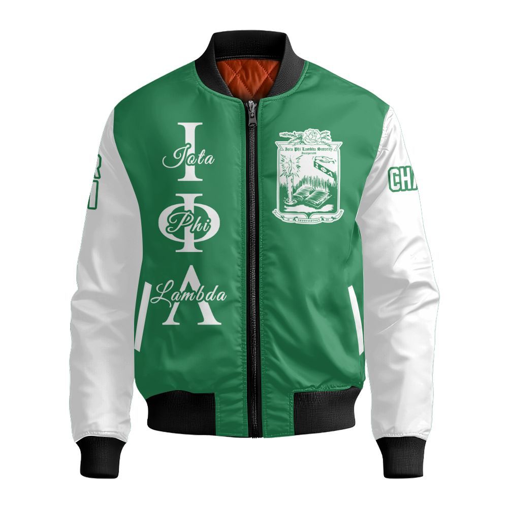 Ireishprint Iota Phi Lambda Custom Chapter Shirt, Personalized Emerald Green Mix White Shirt Iota Phi Lambda Since 1929 Sorority Bomber Jacket