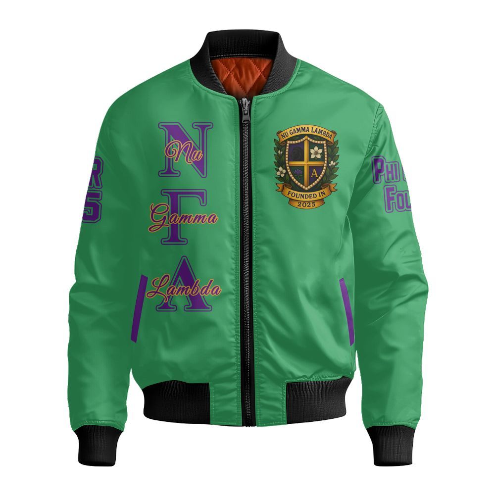 Ireishprint Nu Gamma Lambda Custom Line Crossing Jacket, Personalized Kelly Green Purple Jacket Nu Gamma Lambda Sorority Bomber Jacket