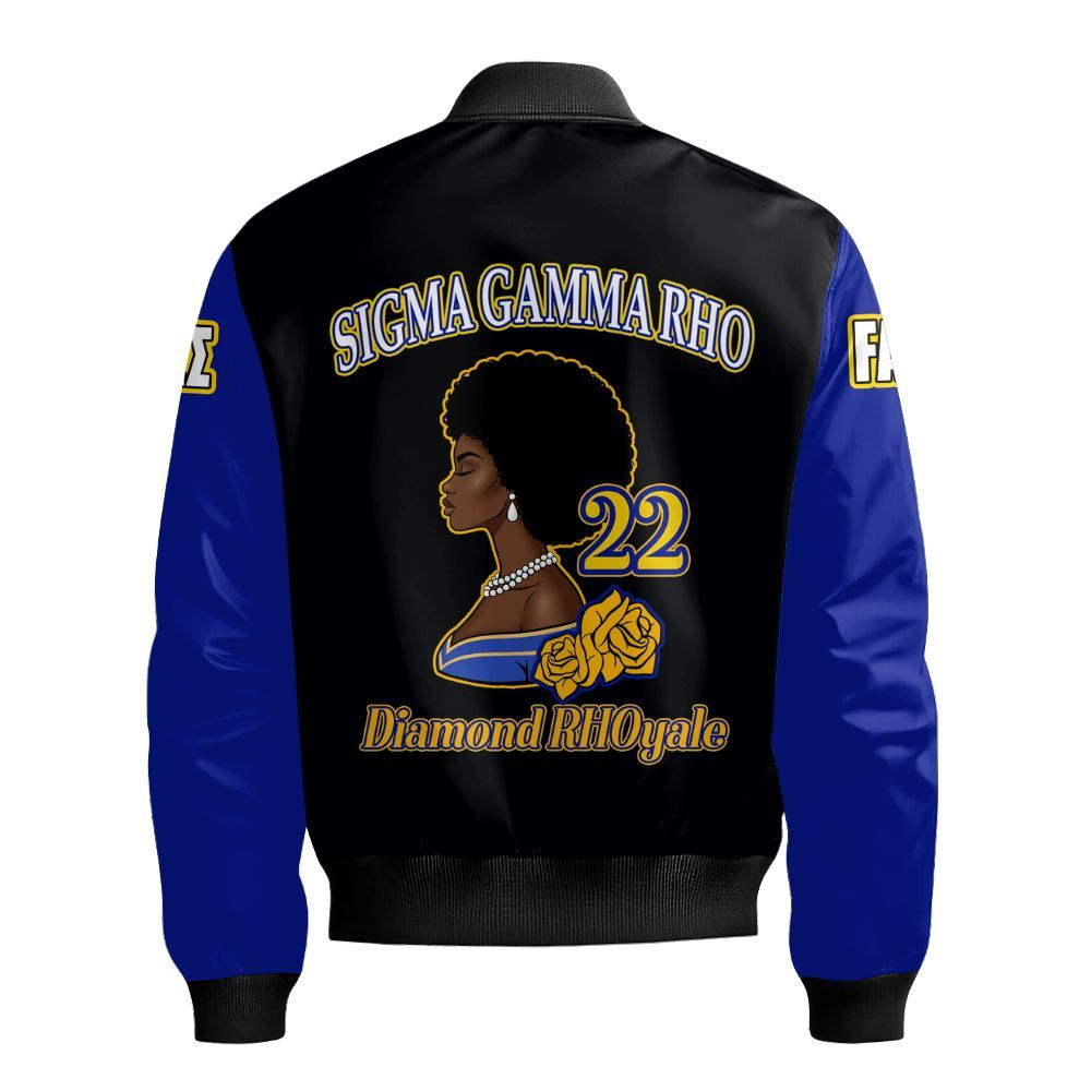 Ireishprint Sigma Gamma Rho Custom Chapter Bomber Jacket, RHoyal Pretty Black Mix Gold Style 1922 Sorority Bomber Jacket