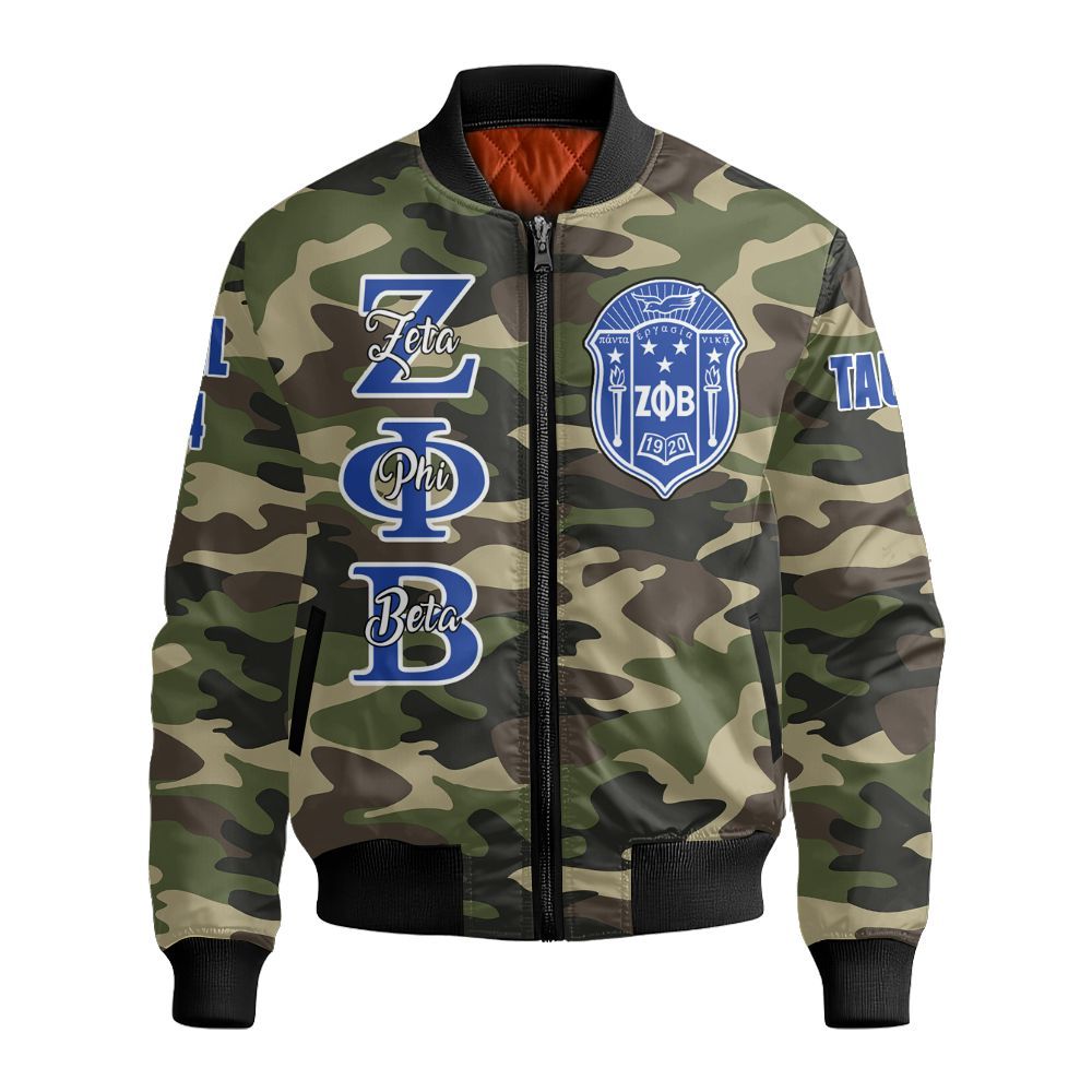 Ireishprint Zeta Phi Beta Custom Chapter Shirt, Personalized Camo Style Camoflage Shirt Zeta Phi Beta Sorority Bomber Jacket