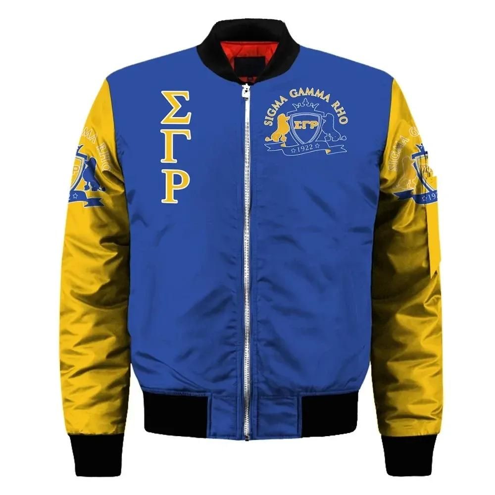 Africa Zone Jacket - Lux Sigma Gamma Rho Poodle Blue Yellow Sleeve Zip Bomber Jacket J5