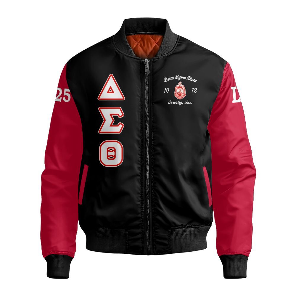 Ireishprint Delta Sigma Theta Custom Chapter Crop Shirt, Black Duo Crimson Sleeves 1913 Sorority Bomber Jacket