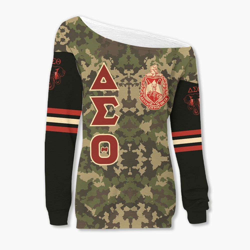 Ireishprint Delta Sigma Theta Off Shoulder Sweatshirt, Camo Pixel Pattern Delta Sigma Theta Sorority Off Shoulder Sweatshirt