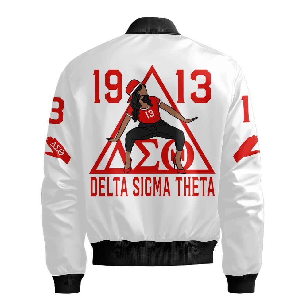 Ireishprint Delta Sigma Theta Crossing Jacket, Delta Girl Hand Sign White Jacket Delta Sigma Theta Sorority Bomber Jacket