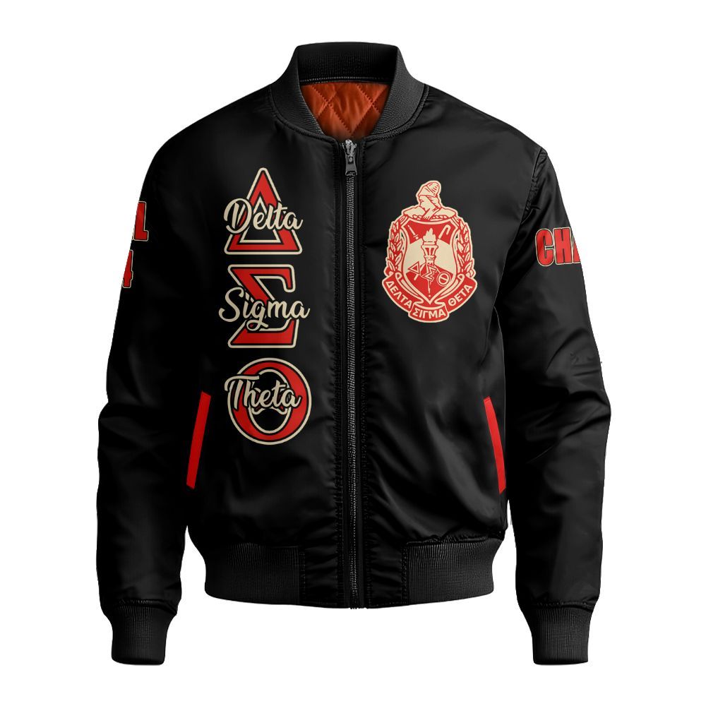 Ireishprint Delta Sigma Theta Custom Chapter Varsity Jacket, Black Simple Style Delta Sigma Theta Sorority Bomber Jacket