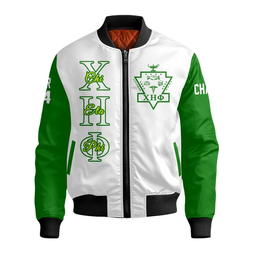 Ireishprint Chi Eta Phi Custom Chapter Shirt, Personalized White Mix Pea Green Shirt Chi Eta Phi Sorority Bomber Jacket