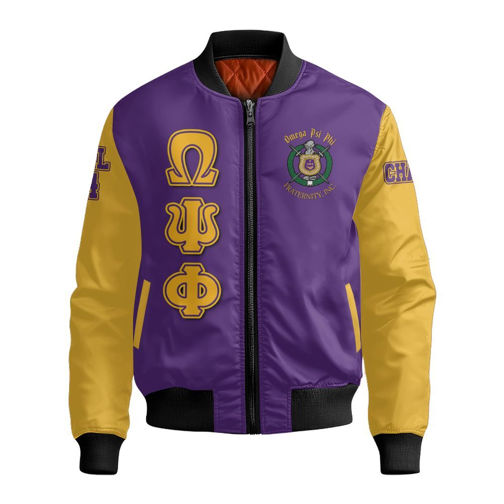 Ireishprint ΩΨΦ Custom Chapter Polo Shirt, Personalized Gold Sleeves Style Shirt ΩΨΦ Fraternity Bomber Jacket