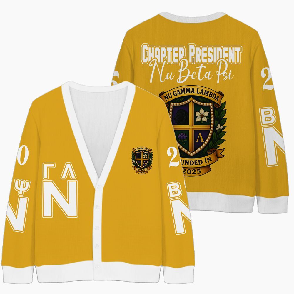 Ireishprint Nu Gamma Lambda Custom Chapter Cardigan, Personalized Yellow Nu Gamma Lambda Sorority Knitted Cardigan