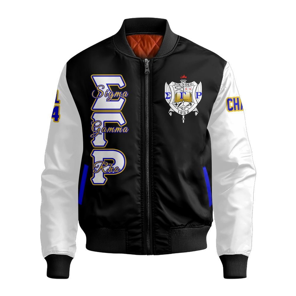 Ireishprint Sigma Gamma Rho Custom Chapter Varsity Jacket, Personalized Black Mix White Retro Jacket Since 1922 Sorority Bomber Jacket