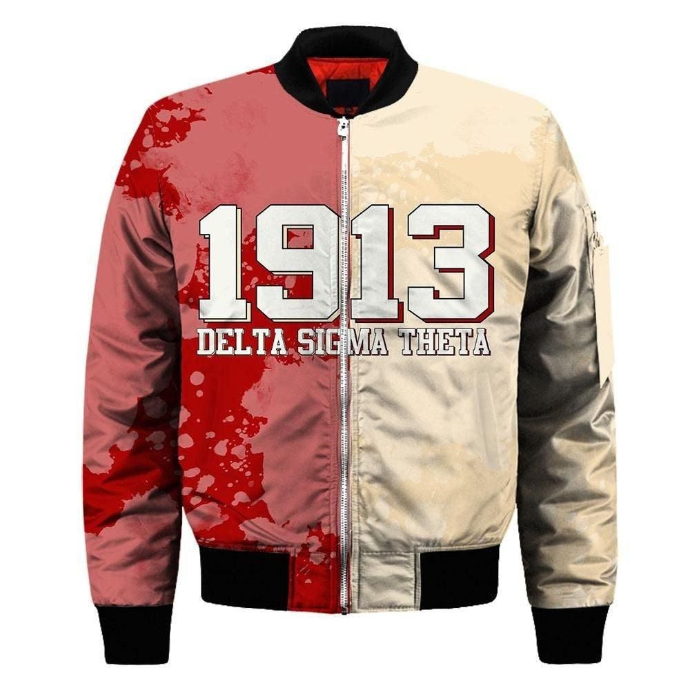 Delta Sigma Theta White Paint Sleeve Zip Bomber Jacket