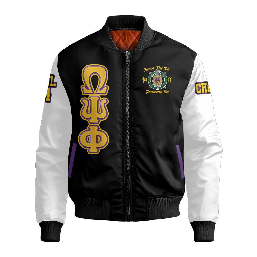 Ireishprint ΩΨΦ Custom Chapter Polo Shirt, Personalized Retro Style White Sleeves Shirt ΩΨΦ Fraternity Bomber Jacket