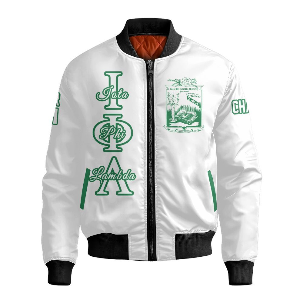 Ireishprint Iota Phi Lambda Custom Chapter Cardigan, Personalized White Emerald Green Cardigan Iota Phi Lambda Sorority Bomber Jacket