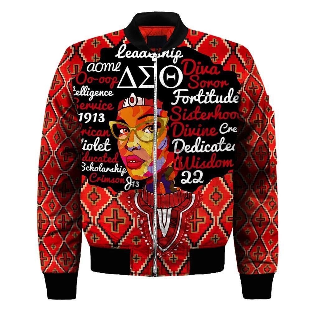 Delta Sigma Theta Afro Girl Dashiki Sleeve Zip Bomber Jacket
