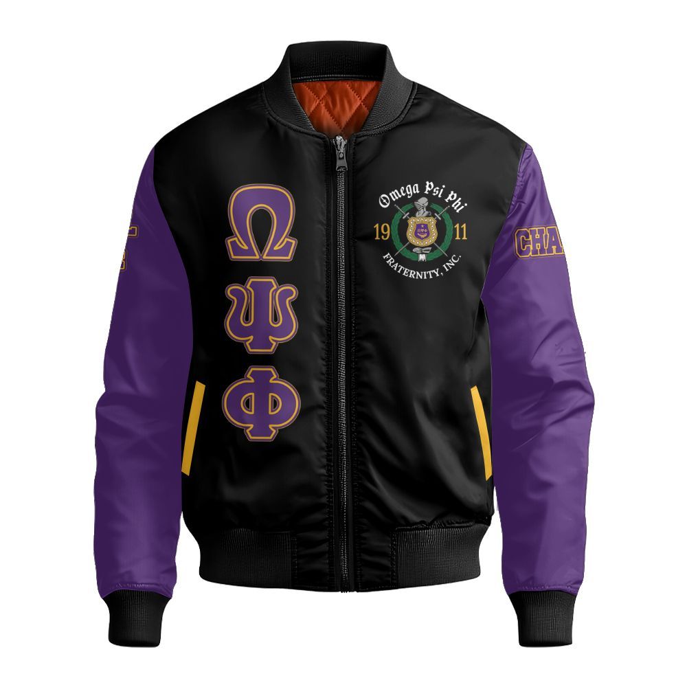 Ireishprint ΩΨΦ Custom Chapter Varsity Jacket, Personalized Black Mix Gold ΩΨΦ Fraternity Bomber Jacket