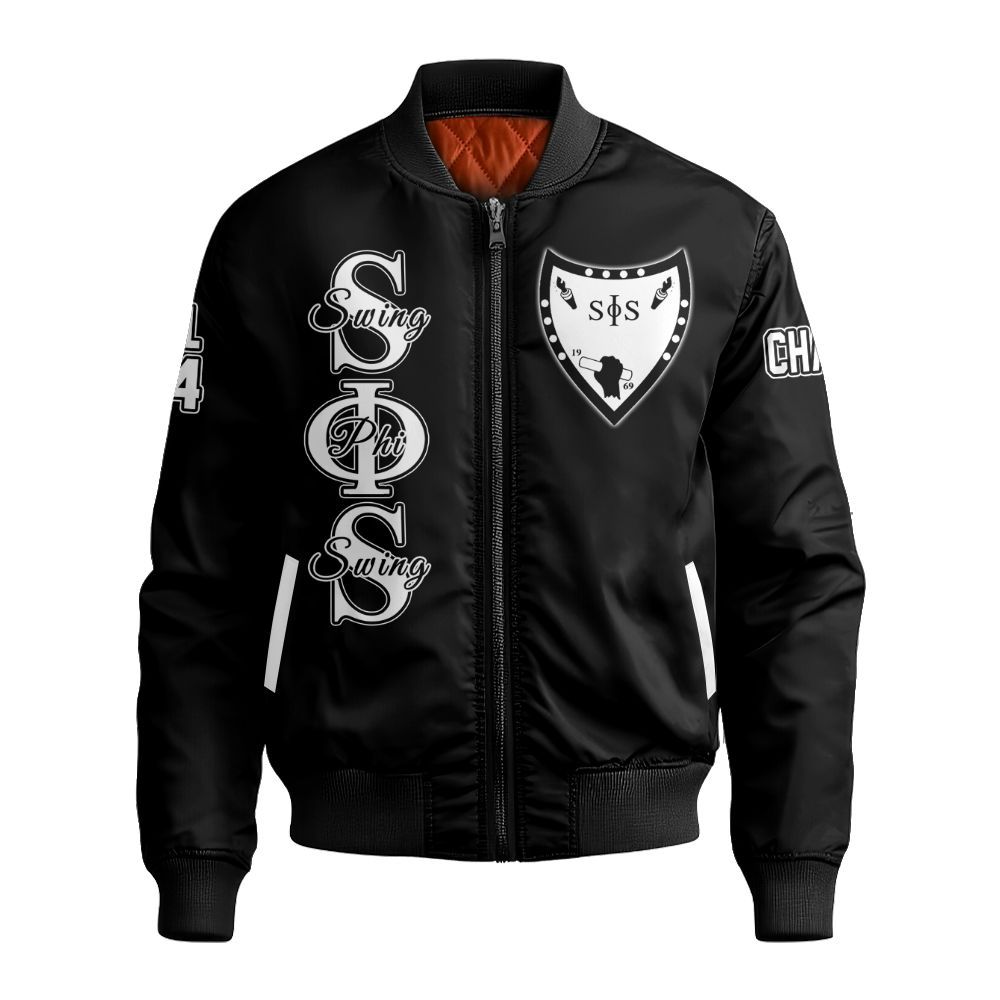 Ireishprint Swing Phi Swing Custom Chapter Crossing Jacket, Personalized Black Jacket Swing Phi Swing Sorority Bomber Jacket