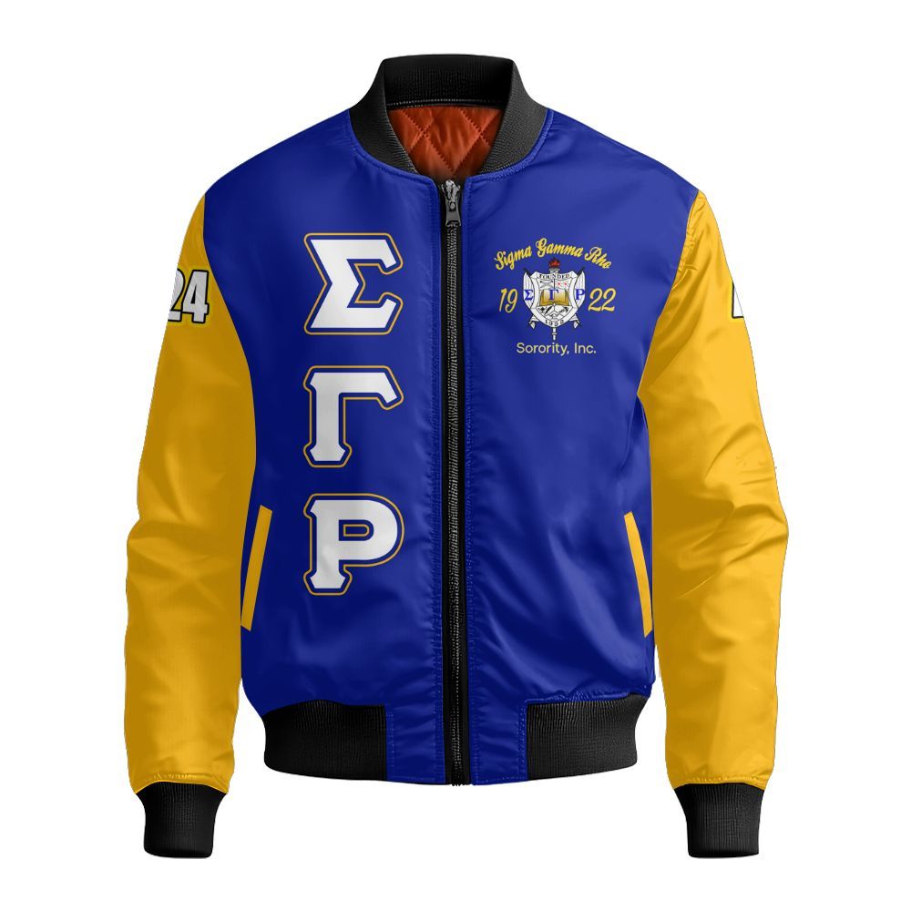 Ireishprint Sigma Gamma Rho Custom Chapter Varsity Jacket, RHoyal Pretty Blue Mix Gold Style 1922 Sorority Bomber Jacket